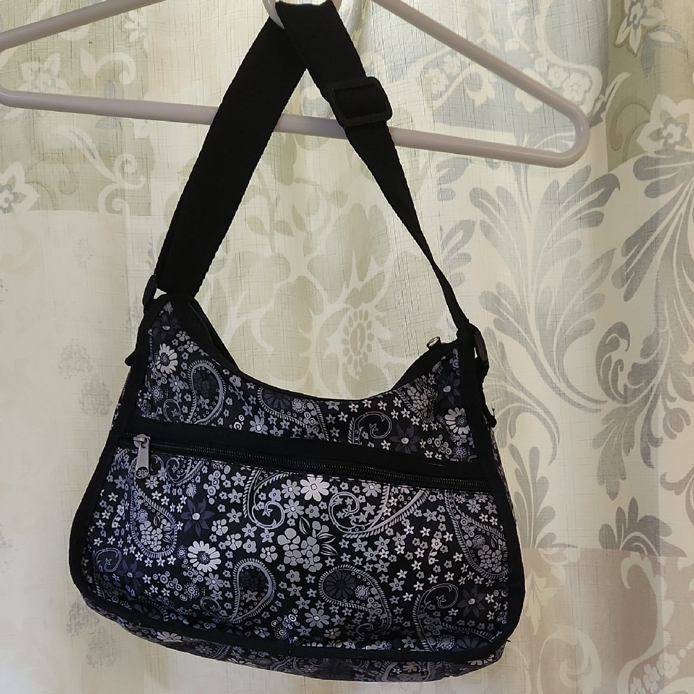 Black, Grey, and White Crossbody Bag with Floral And Paisley Design